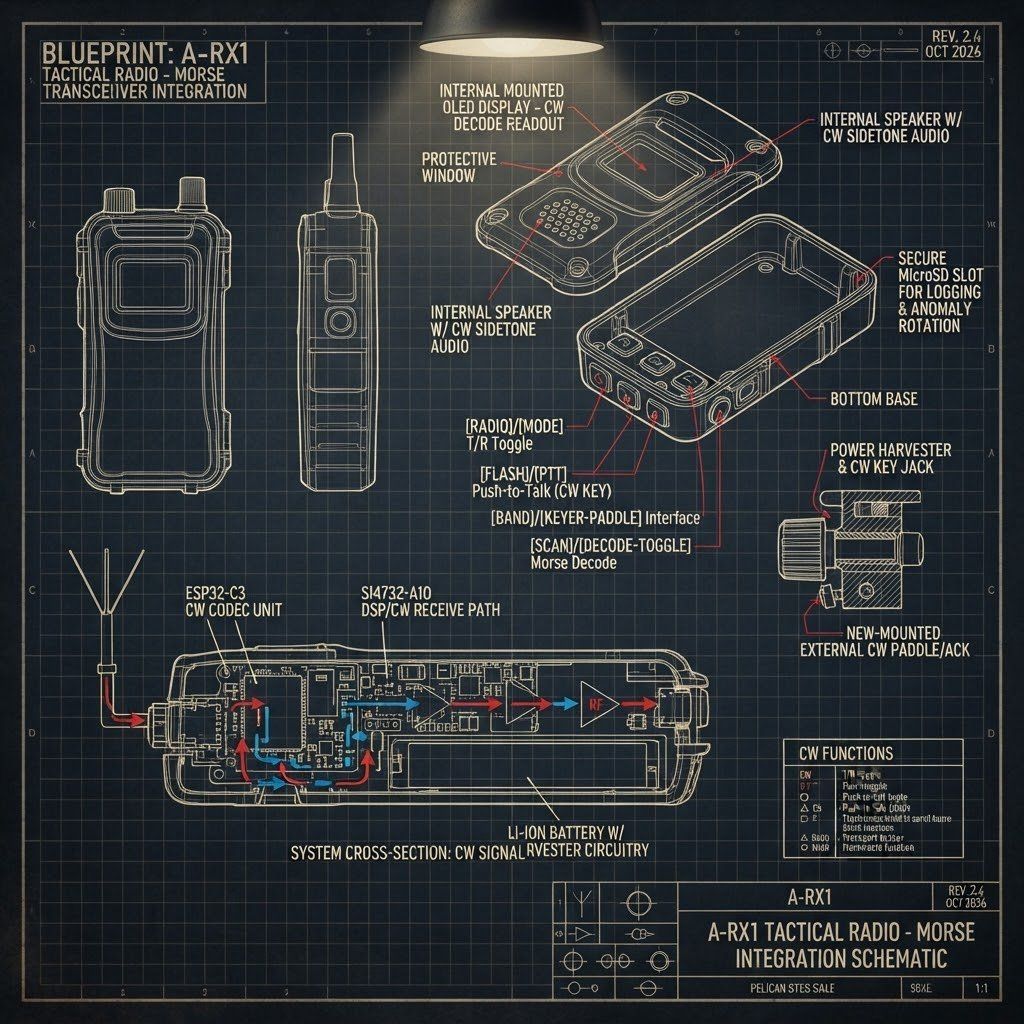 Blueprint A-RX1 — Tactical Radio · Morse Transceiver Integration, Rev 2.4: the handheld radio in front, side and open-shell views over a system cross-section, with callouts for the OLED CW decode display, speaker, MicroSD slot, ESP32-C3 codec, SI4732-A10 receive path, Li-ion battery and external CW paddle