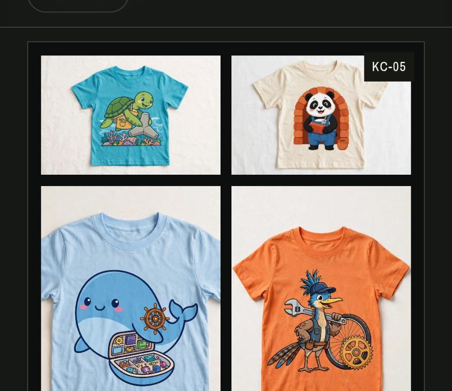 Collector's 4-Pack — Kids Capsule Gift Set, from the Logo Catalog: all four mascot tees — the turtle tee, the panda kiln-master tee, the whale tee and the roadrunner mechanic tee
