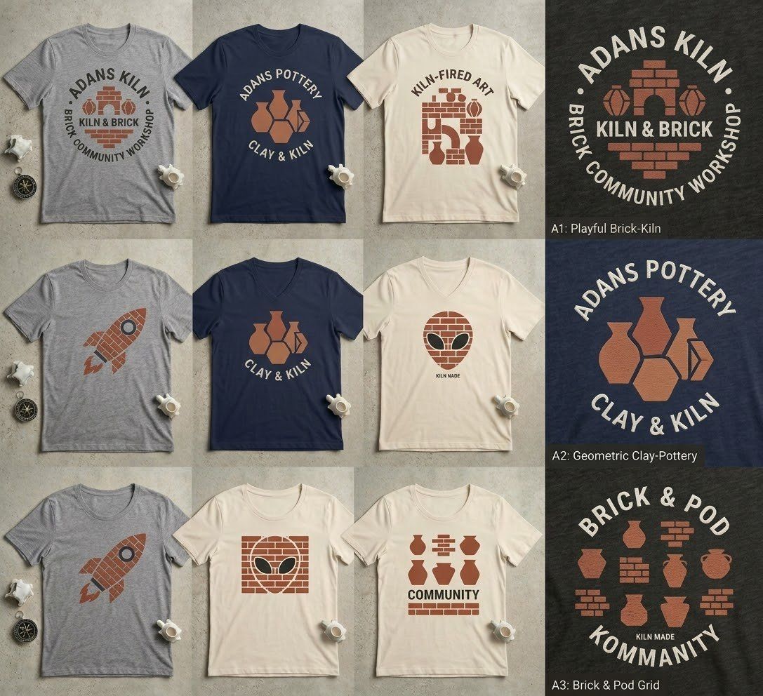 Adans Kiln tee design sheet A — nine kiln tees in brick and clay marks: Adans Kiln · Kiln & Brick, Adans Pottery · Clay & Kiln, Kiln-Fired Art, the brick rocket and the Brick & Pod grid