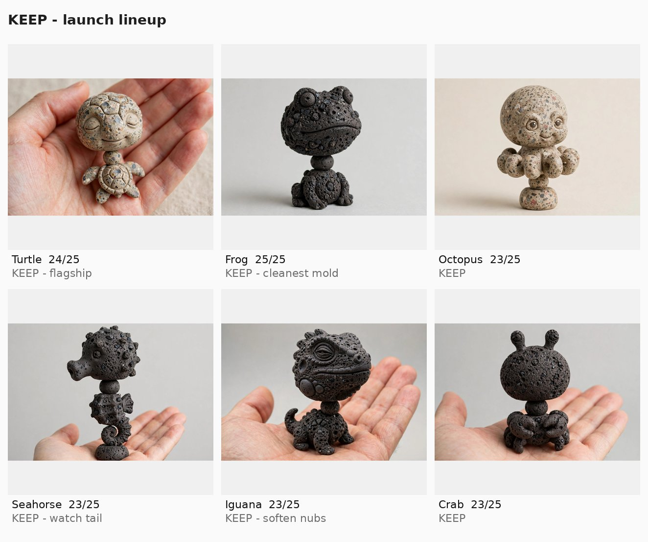Aquarium Figures — the KEEP sheet, launch lineup: six small stone-look figures — Turtle, Frog, Octopus, Seahorse, Iguana and Crab — each with its review score out of 25