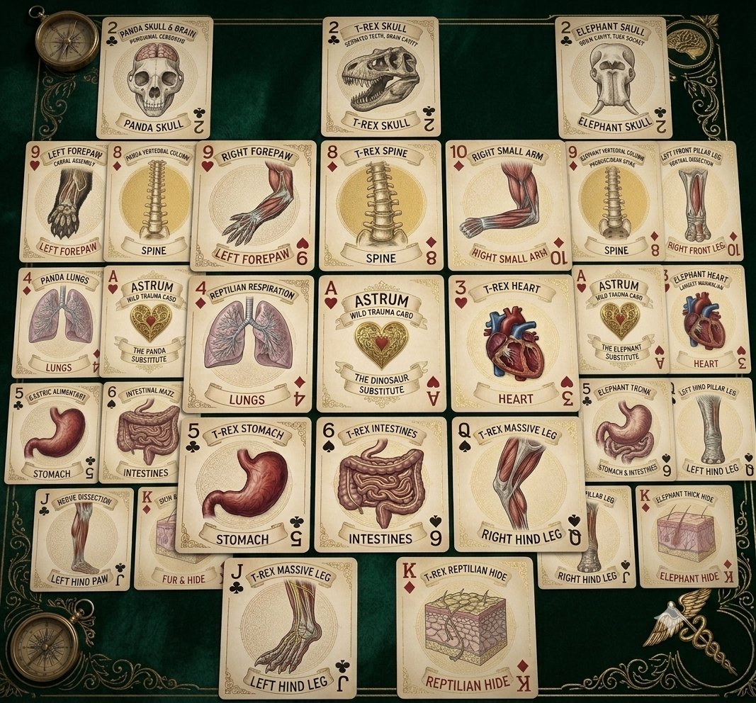 Build a Body series render — the full spread of anatomy playing cards on a green baize table: Panda, T-Rex and Elephant skulls across the top, spines, hearts, lungs, limbs and ASTRUM wild cards below