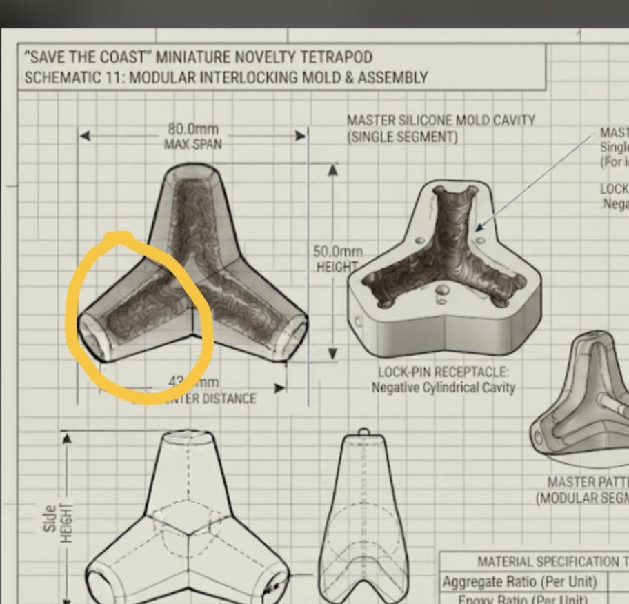 Schematic 11 — modular interlocking mold and assembly for the miniature tetrapod: 80.0 mm max span, 50.0 mm height, master silicone mold cavity with lock-pin receptacles