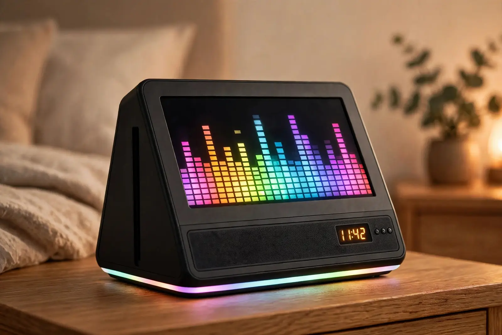Creator Stand reference — a black desktop unit with a rainbow LED equalizer display, clock readout and light strip along its base, on a wooden table