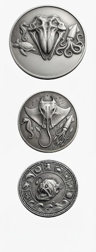 Foundry Medallions — Set 1, the three sea reliefs in silver: a ray-skull centerpiece flanked by a sea turtle and an octopus; a manta ray with a seahorse and a squid; an anglerfish inside a rope ring with sea-creature glyphs