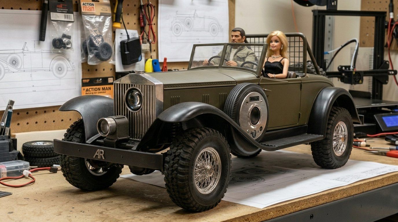 Premium Phantom — olive vintage tourer with a tall silver grille and the projector head in its long bonnet, on the workshop bench