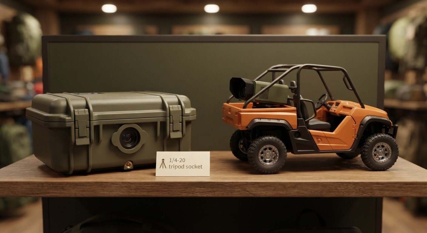 Crawler — orange off-road UTV carrying the sealed projector head in its rear bed, a projection screen behind it, on a shop table
