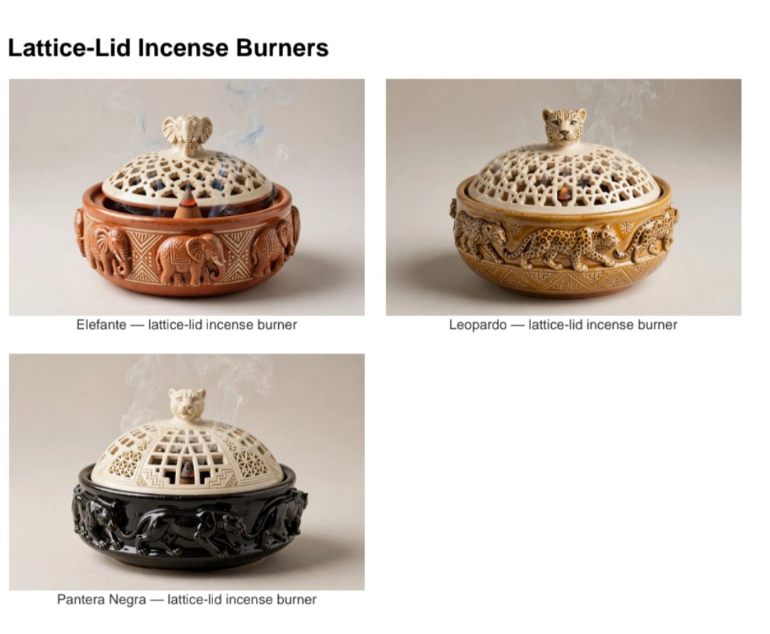 Lattice-Lid Incense Burners — the family sheet: Elefante in terracotta, Leopardo in amber glaze and Pantera Negra in black, each a relief-carved bowl with a pierced lattice lid and the animal's head as its knob, incense smoke rising