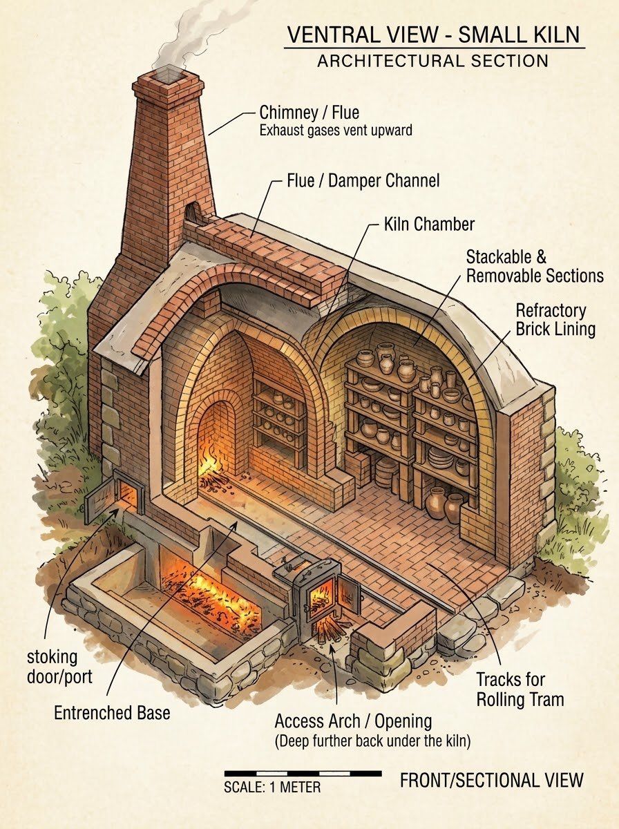 Small Kiln — architectural section: a labeled cutaway of the brick kiln showing the chimney and flue, damper channel, arched kiln chamber with shelved pots, refractory brick lining, entrenched base, stoking door, access arch and the rolling tram tracks, scale 1 meter