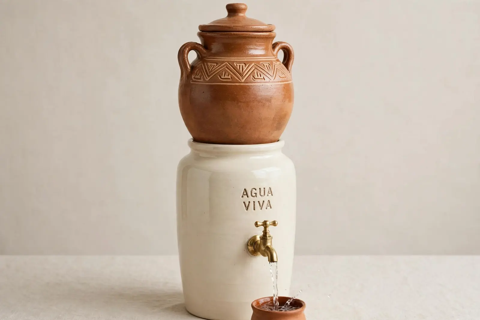 AGUA VIVA — the cántaro gravity filter station: a lidded clay cántaro over its lower receptacle