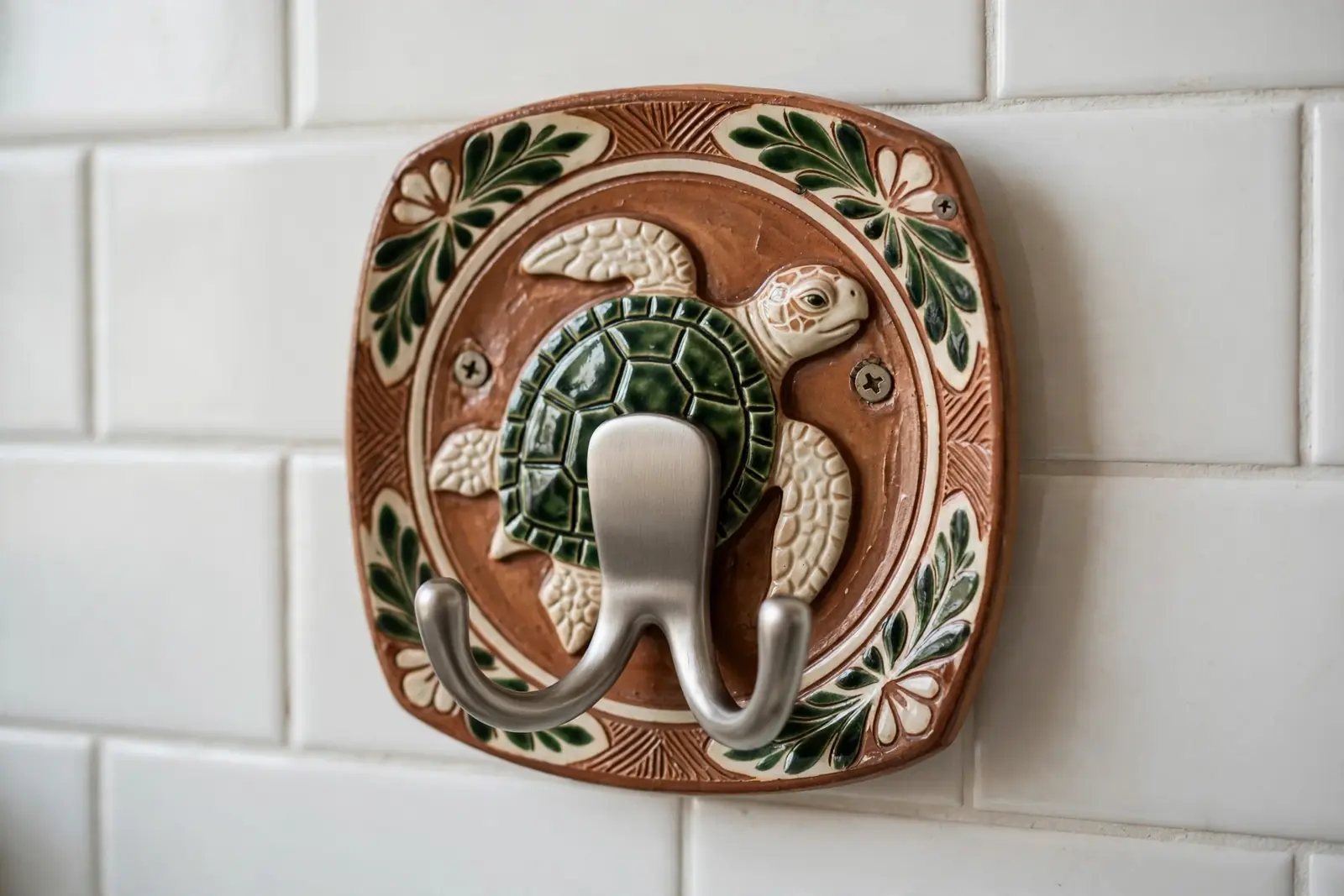 Hook Faceplate — Tortuga: the ceramic guardian plaque mounted behind a standard metal double hook