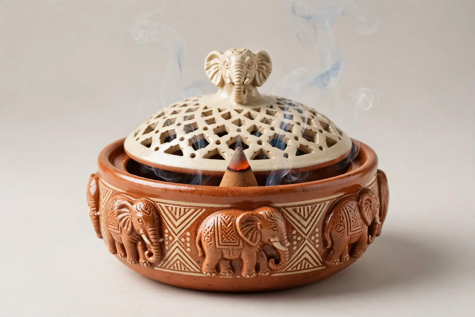 Lattice-Lid Incense Burner — Elephant: a terracotta bowl with relief elephants around it, a pierced lattice dome lid and an elephant-head knob, incense smoke rising