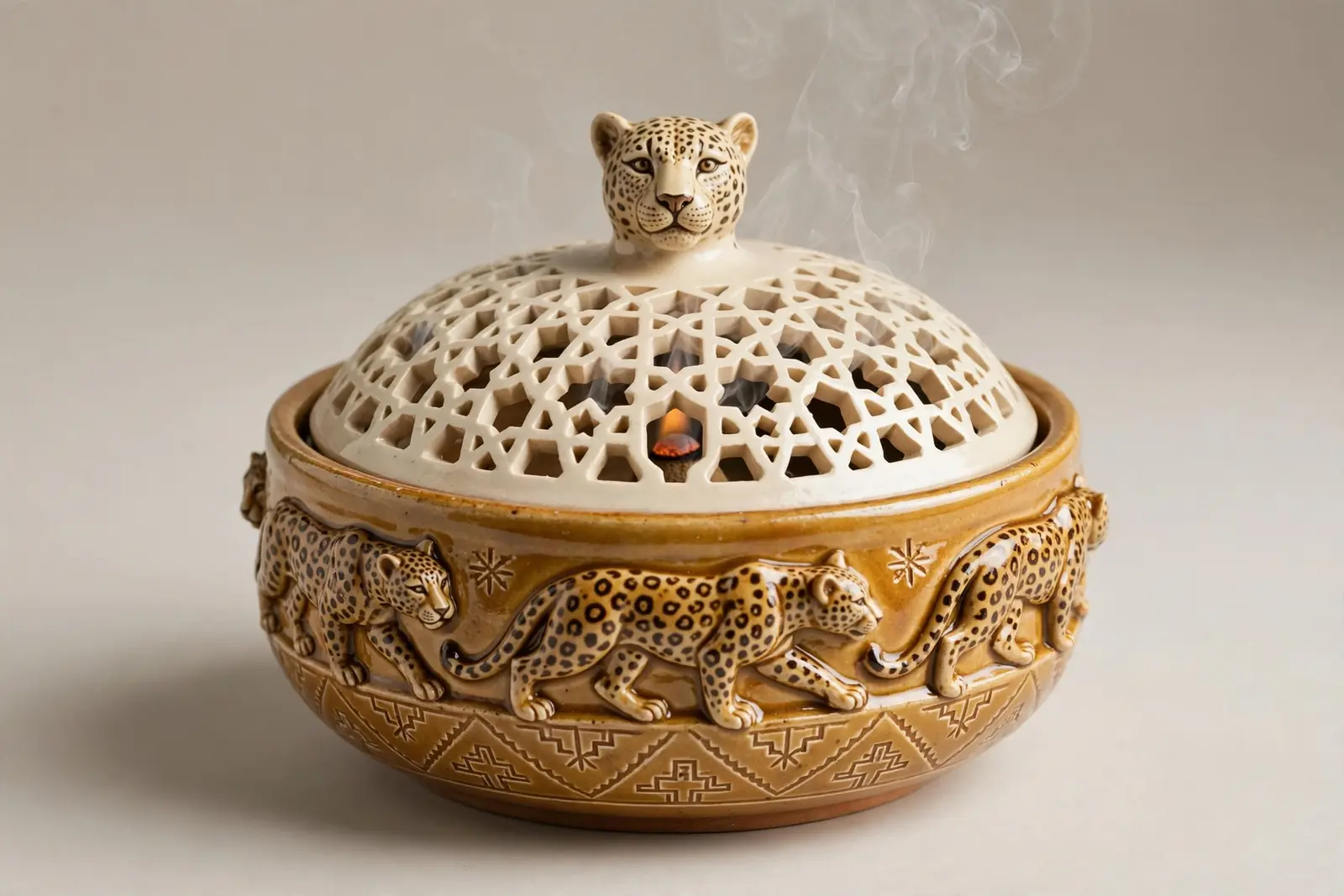 Lattice-Lid Incense Burner — Leopard: an amber-glazed bowl with a stalking leopard in relief, a pierced lattice dome lid and a leopard-head knob