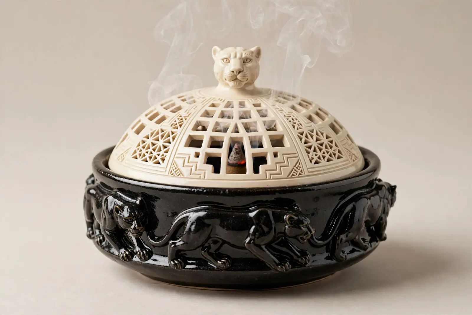 Lattice-Lid Incense Burner — Black Panther: a black-glazed bowl with panthers in relief, a pierced lattice dome lid and a panther-head knob, smoke rising