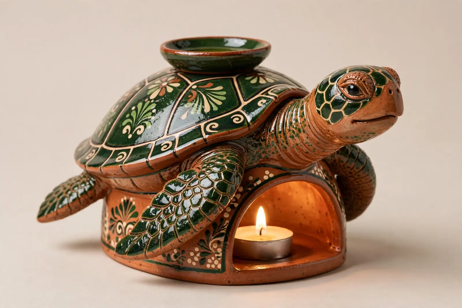 Oil Burner — Gallery Tortuga: the turtle oil burner with its arched tealight chamber and oil dish above
