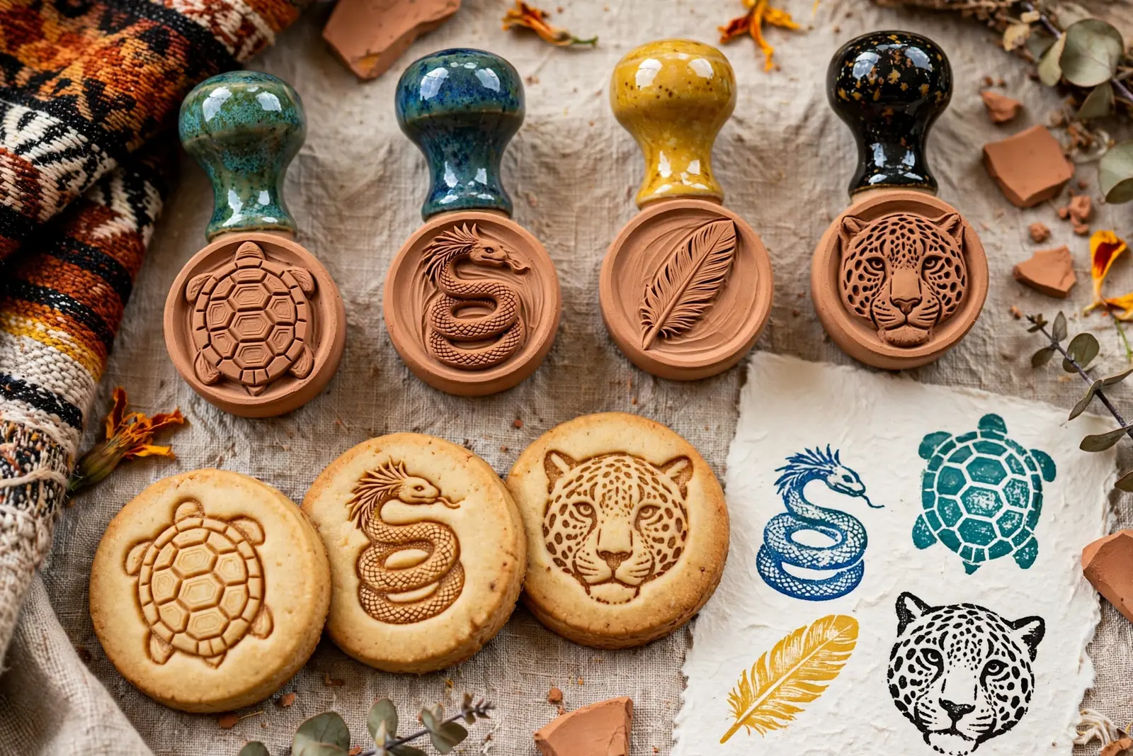 Cookie + Paint Stamps — the Guardianes mini set shown with stamped shortbread and paint impressions on paper