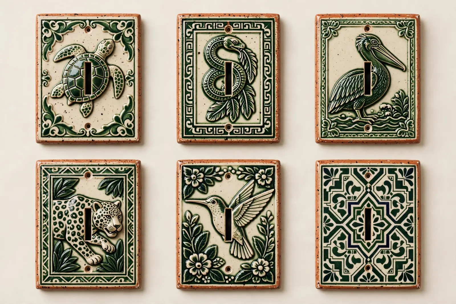 Light Switch Covers — the guardian lineup, production-accurate: each ceramic plate with its toggle slot and screw holes above and below