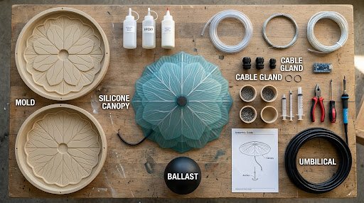 AquaCell — the Lily: the turn-key kit flat lay on the bench — the two-part mold, the blue-green silicone canopy, the black ballast sphere, cable glands, the coiled umbilical cable, resin bottles, tools and the instruction card, each labeled