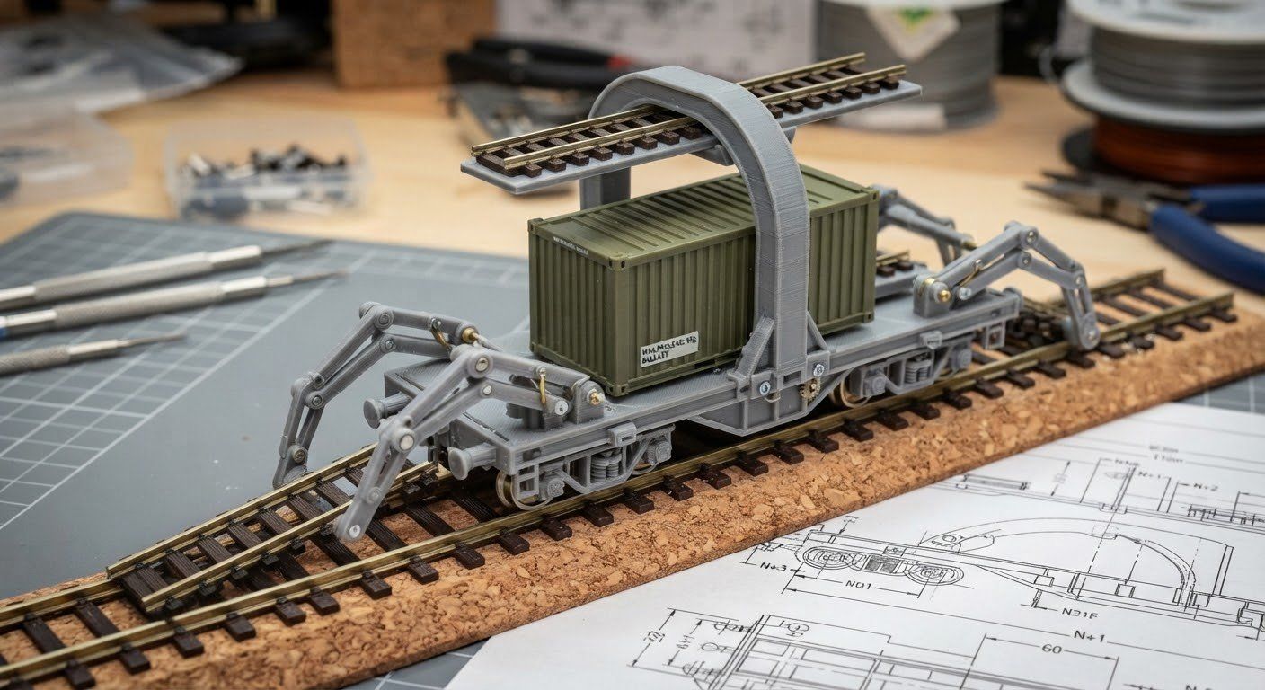 Mini Train Paradox — the track-laying car on the bench: gray printed chassis and over-arch carrying a track panel, the green container aboard, articulated grabber arms working the rail, engineering drawings underneath