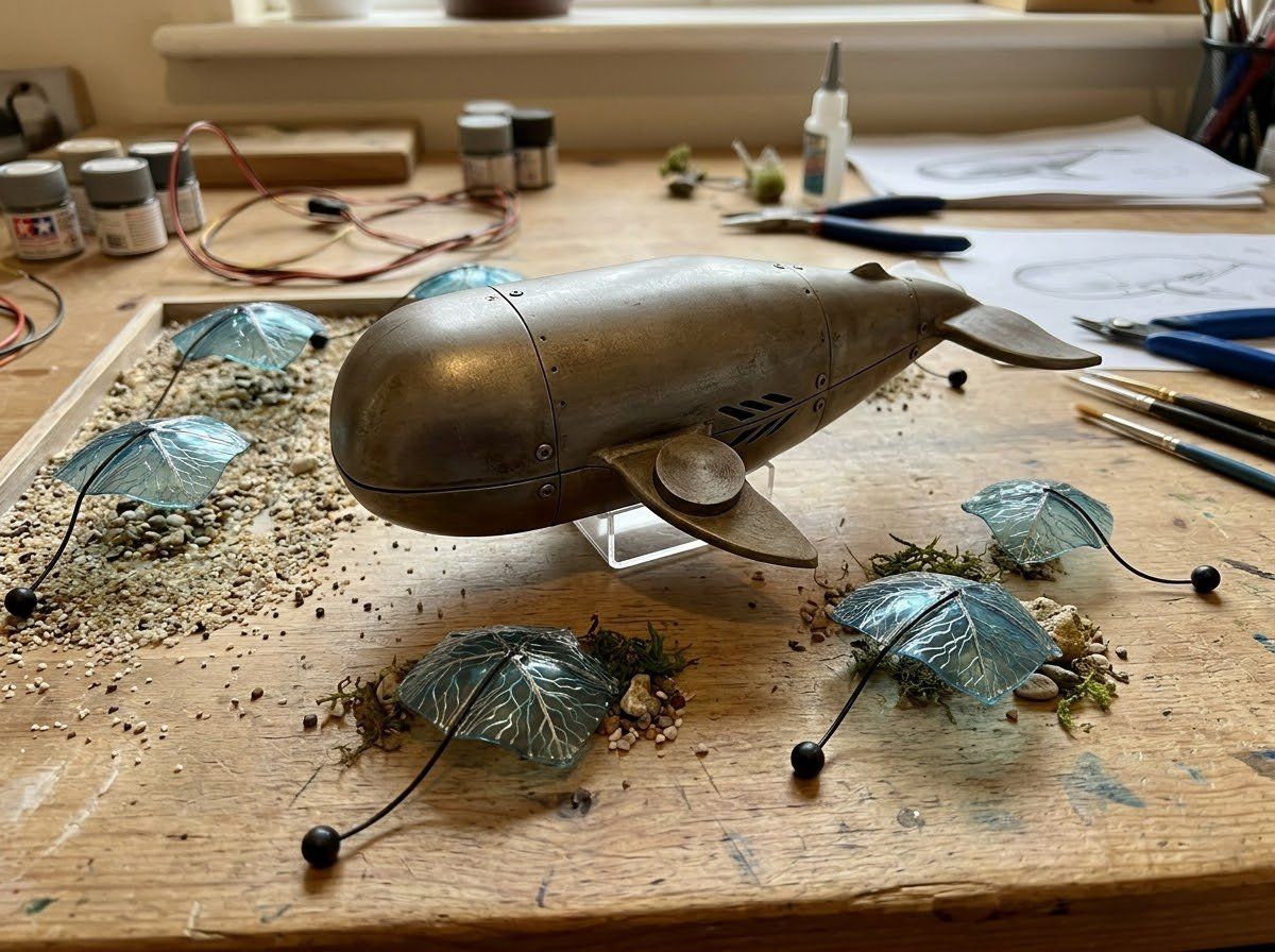 AHE-100 “The Whale” — the bronze whale model on the workbench, ringed by its translucent lily pads, tools and paint pots around it