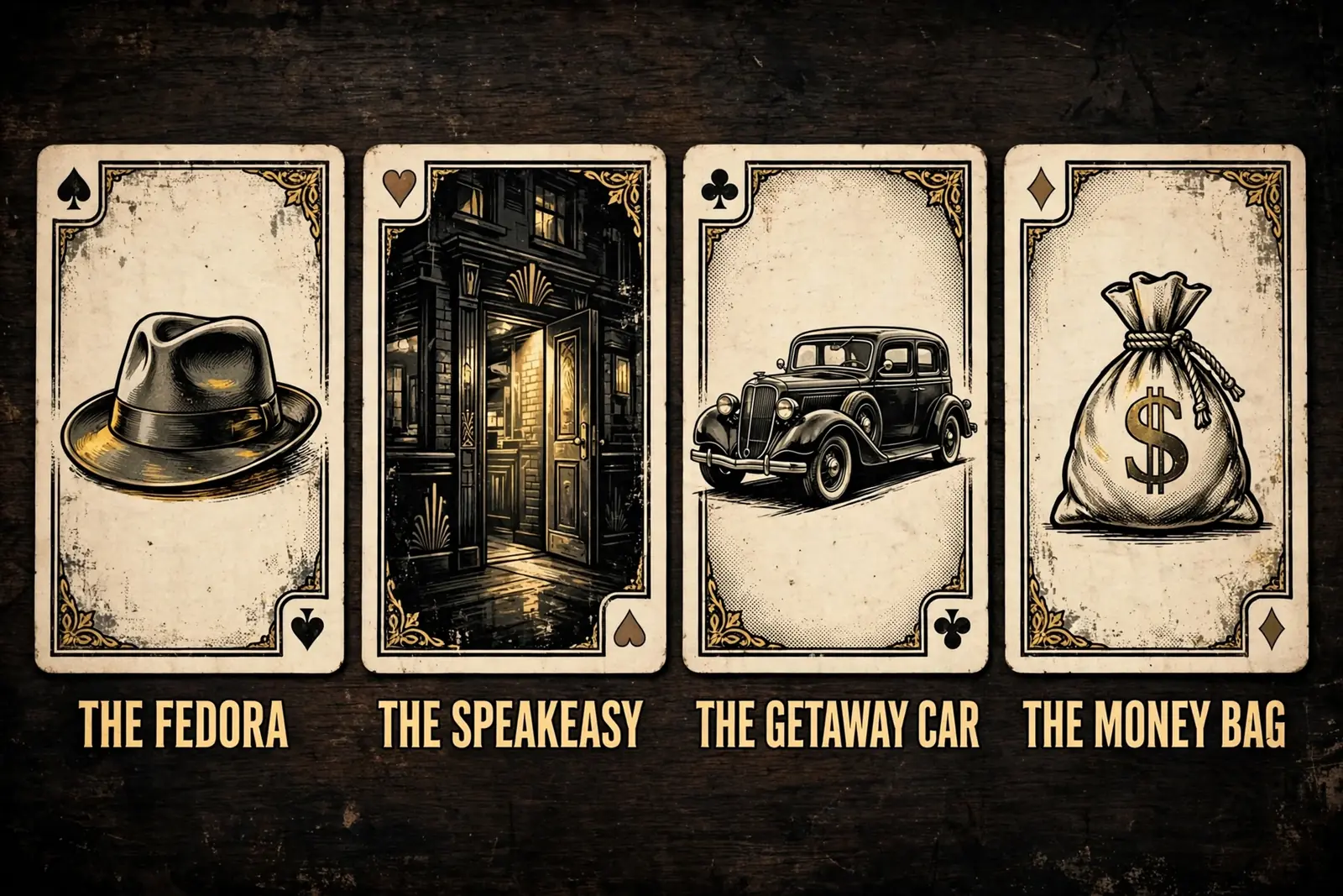 Mobster trappings sheet — four pulp-noir cards on dark wood: the Fedora, the Speakeasy, the Getaway Car and the Money Bag